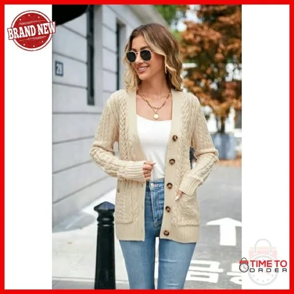 Chunky Cable Knit Cardigan Open Front Button Down Pockets Women's Sweater - Picture 7 of 8